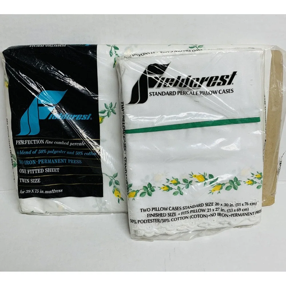 Vtg Fieldcrest Percal Fitted Twin Sheet & 2 Pillowcases Yellow Green Roses NEW